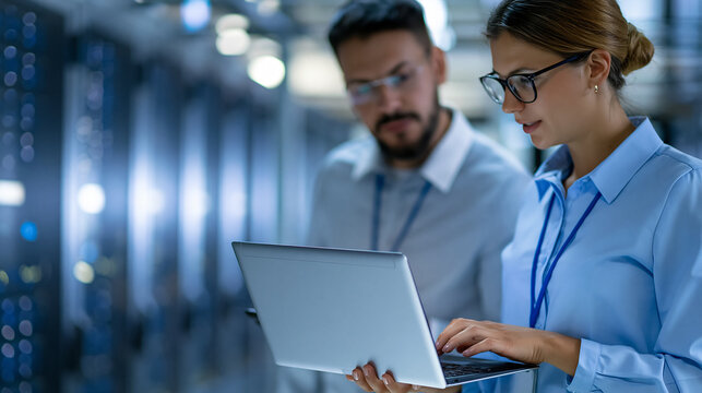 Faceless male cloud architect and female database engineer reviewing data storage protocols on a shared laptop in a data center, enterprise service strategy concept, defocused,