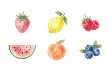 Fototapeta premium Watercolor summer fruit icons set isolated on white background