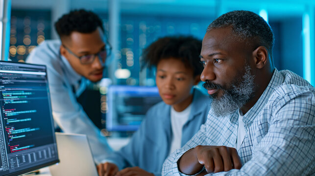 Anonymous senior software architect mentoring a diverse development team on backend code during an agile sprint review in a modern blue-lit tech office, faceless, defocused, with