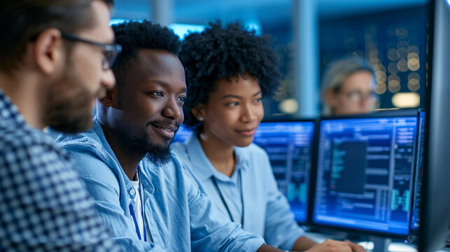 Anonymous senior software architect mentoring a diverse development team on backend code during an agile sprint review in a modern blue-lit tech office, faceless, defocused, with