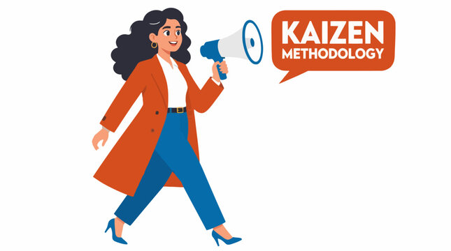 Woman in orange coat holding megaphone and clock.