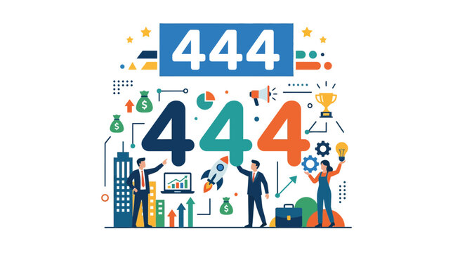 Business Growth and Success Concept: Numbers 444, Rocket, Trophy, Lightbulb, People