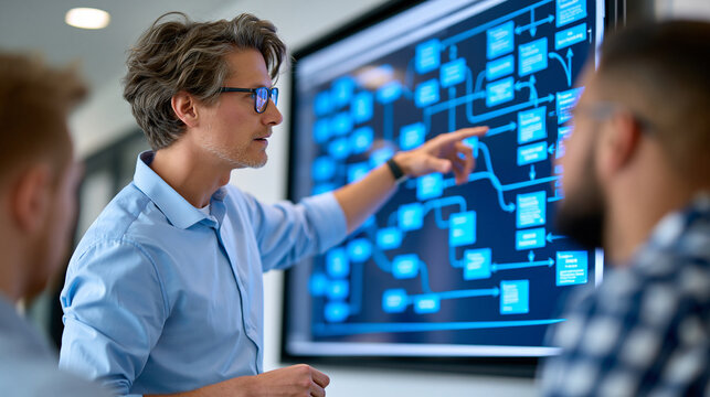 Anonymous enterprise architect presenting a microservices decomposition roadmap on a wall-mounted screen to a product team, software architecture concept, faceless, defocused,