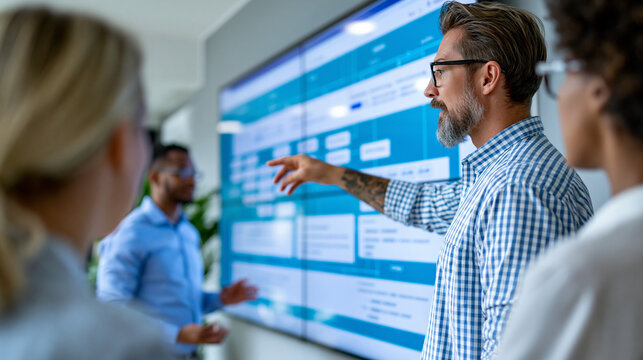 Anonymous enterprise architect presenting a microservices decomposition roadmap on a wall-mounted screen to a product team, software architecture concept, faceless, defocused,