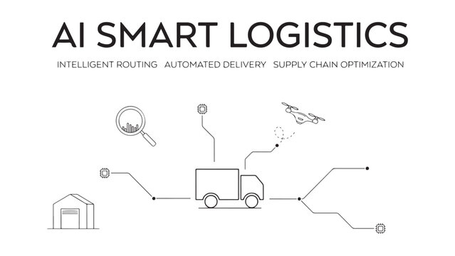 Smart logistics supply chain system diagram showing autonomous delivery truck drone routing warehouse management and intelligent infrastructure network.