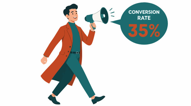Man in red coat holding megaphone with conversion rate bubble.