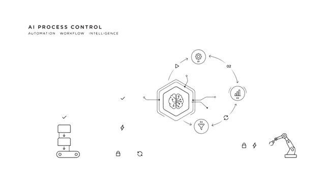 Ai process control automation workflow intelligence vector with robotic arm hexagonal brain icon and flowchart symbols on transparent grid background.