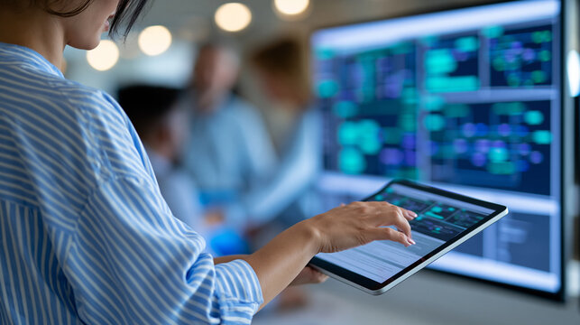 Anonymous female software architect presenting system architecture on a large screen using a tablet to guide her development team during a review, faceless, defocused, with copy