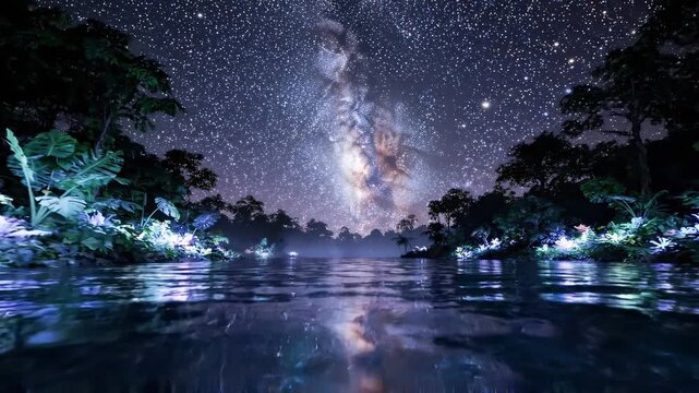 Beneath a breathtaking expanse of stars, a serene river flows gently through a vibrant jungle. Luminous plants illuminate the banks as the Milky Way sparkles overhead, nurturing tranquility.