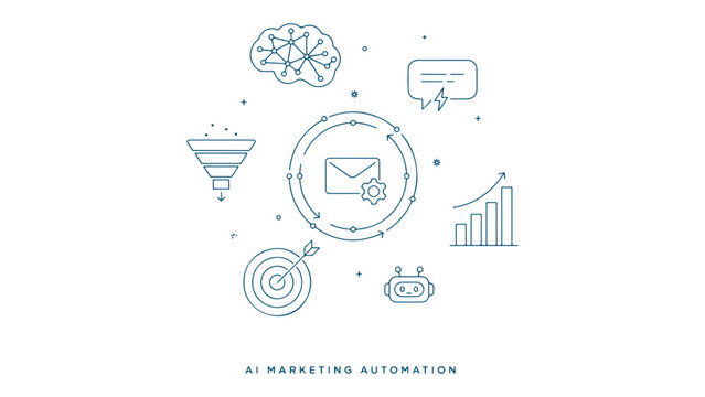 Ai marketing automation funnel target email robot and charts represent digital advertising campaign management and strategy development.