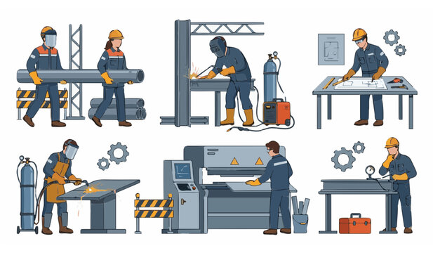Industrial Factory Workers and Welding Manufacturing Vector Illustration Set