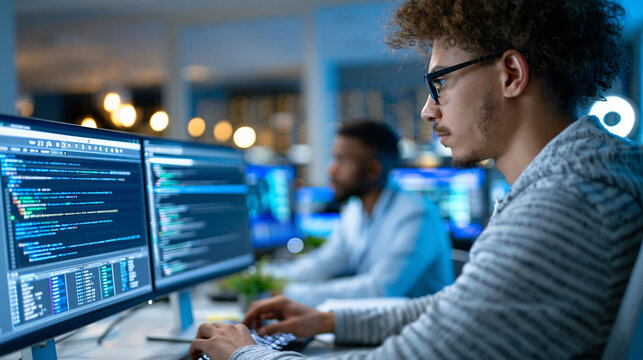 Anonymous DevOps engineer pushing a code deployment pipeline on a large monitor while a cloud architect observes the build metrics dashboard, CI/CD concept, faceless, defocused,