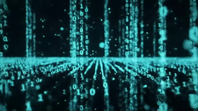 Glowing blue binary code digits in a digital matrix