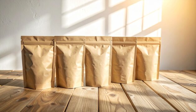 Indoor setting with brown paper bags on table
