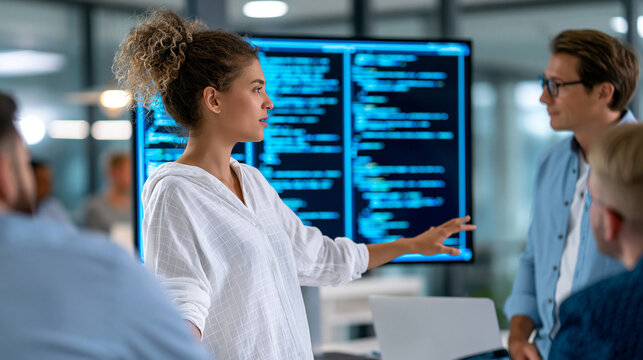 Anonymous female software architect presenting backend code syntax to a development team during an agile sprint review in a modern glass office, faceless, defocused, with copy