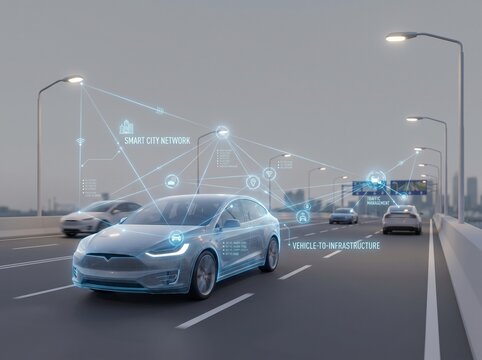 Autonomous electric car driving on highway at twilight with holographic overlay showing smart city network and vehicle to infrastructure connectivity