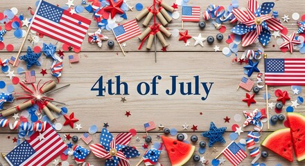 Obraz premium Fourth of July decorations with American flags and watermelon