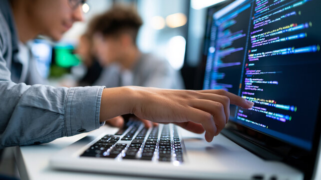 Anonymous senior software architect conducting a rigorous backend code review with a development team, technical lead analyzing syntax optimization strategies concept, faceless,