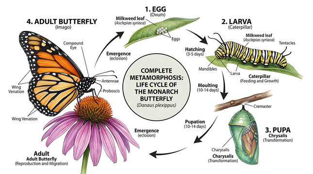 The life cycle of a butterfly begins with an egg and transforms through larva pupa to adult butterfly stages on a flower.