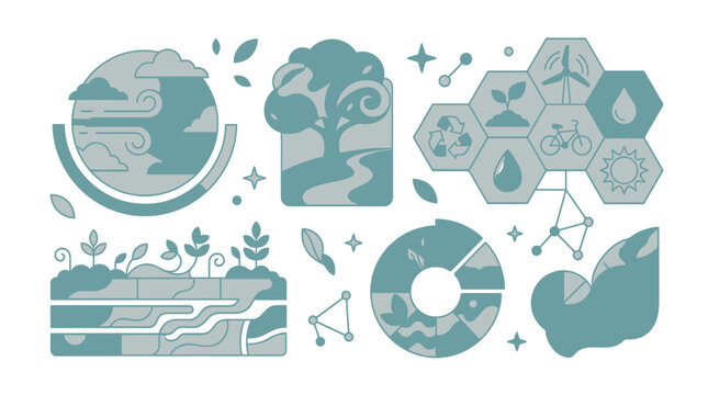 Eco friendly wellness concept with nature symbols and sustainable icons.