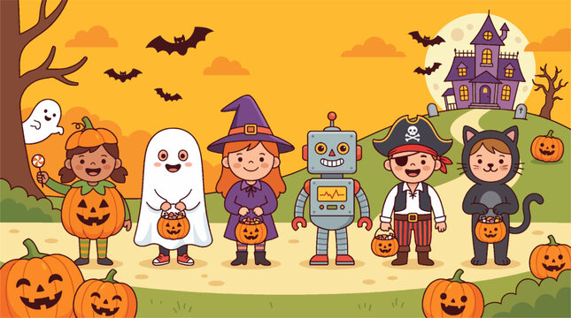 anak-anak mengenakan kostum Halloween