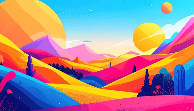 Colorful alien planet landscape with floating yellow spheres