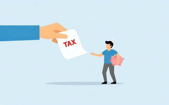 A giant hand presenting a tax bill to a stressed man holding a piggy bank