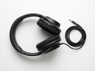 Fototapeta premium Overhead flat lay of matte black headphones with worn cushions and cable connector scratches, seamless white background, soft studio lighting.