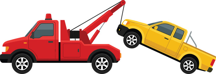 Red tow truck towing a broken yellow pickup truck after accident vector flat illustration isolated on white background © MDSabbir
