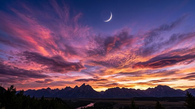 Breathtaking twilight sky painted with vibrant strokes of pink, purple, and orange clouds swirling together near a silver crescent moon.