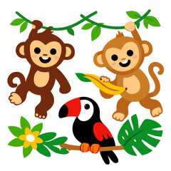 Obraz premium Two playful cartoon monkeys swinging with a toucan and banana in lush tropical jungle foliage. Fun wildlife and rainforest animal scene for kids and summer designs.
