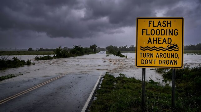 Yellow flash flooding ahead road sign warning of dangerous water levels on a flooded rural road under a dark stormy sky with heavy rain