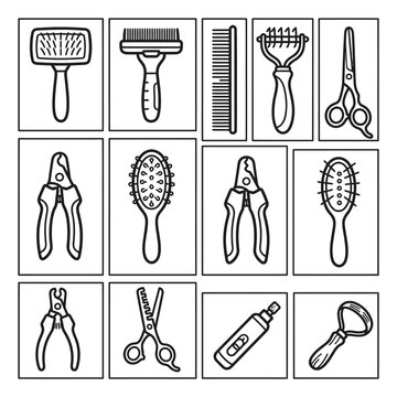 Collection of Pet Grooming Tools Icons Set, featuring Brushes, Combs, Clippers, Scissors, and Deshedding Rakes in Line Art Style