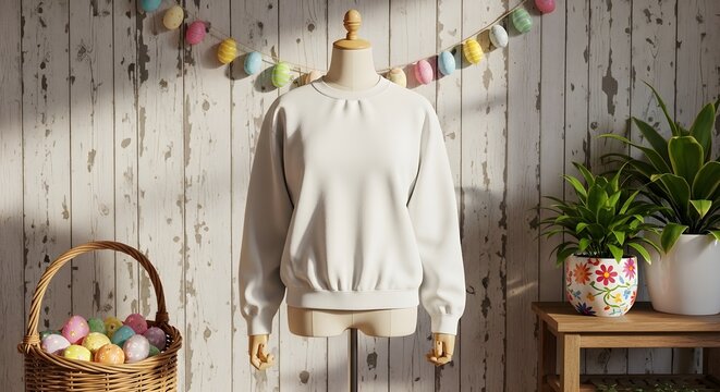 Blank white sweatshirt mockup on a mannequin in a festive easterthemed room with a wooden wall, a basket of colorful eggs, and potted plants