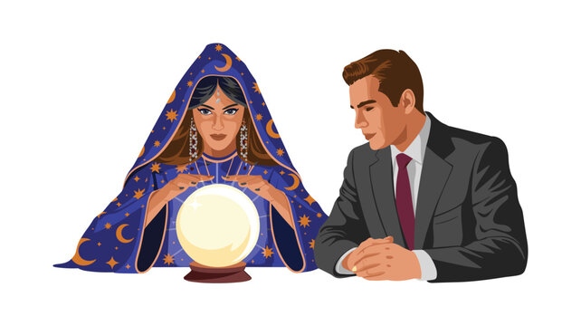 A fortune teller in a star-patterned blue robe gazes into a crystal ball while a man in a suit looks on intently with folded hands.