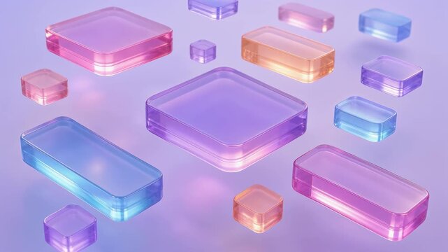Colorful translucent 3D rectangular shapes floating on soft purple background vibrant abstract design