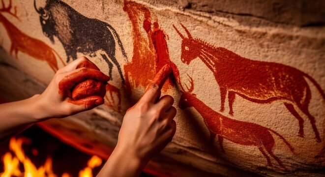Womans hands drawing ancient cave art on a rock wall, depicting wild animals using natural pigments. Prehistoric life and aboriginal art concept.