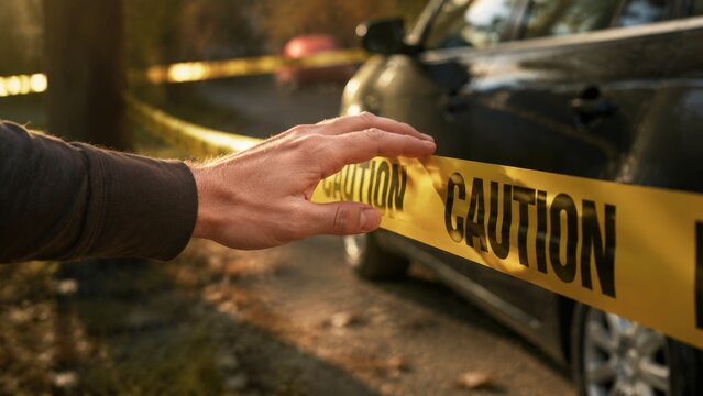 A person's hand reaches toward a strip of yellow caution tape marking a restricted area near a parked car, commonly used by police or investigation teams