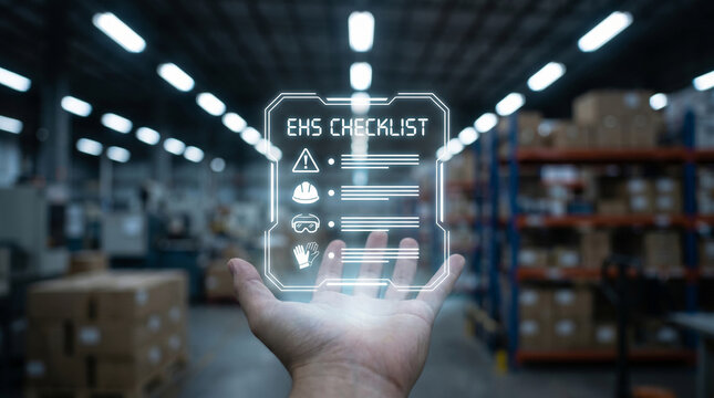 Hand holding a glowing holographic ehs checklist interface inside a large industrial warehouse storage facility