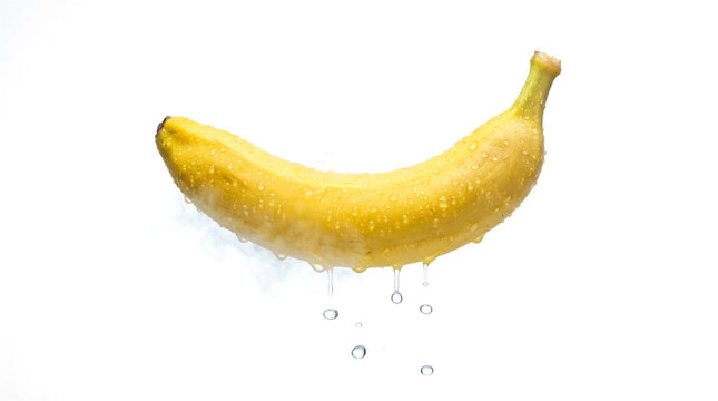 Fresh yellow banana with water droplets isolated on white background