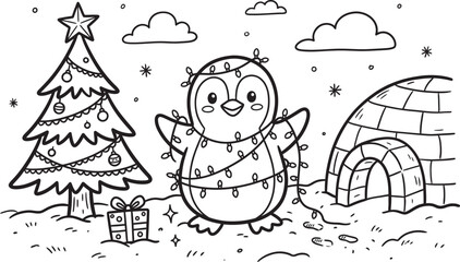 A black and white illustration of a penguin wearing christmas lights next to a decorated tree and igloo © BipashaSketches 