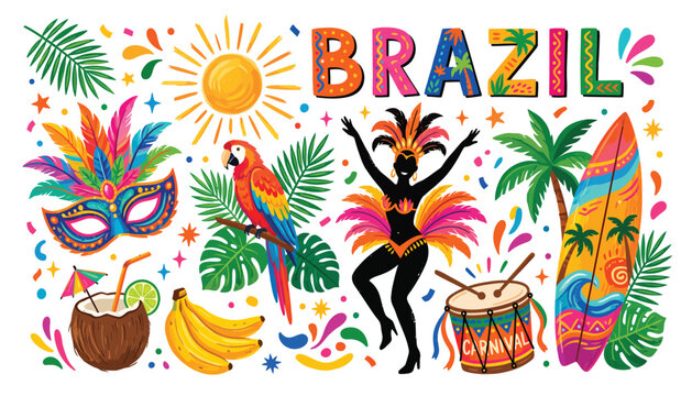 Brazilian carnival illustration with tropical elements including a dancer macaw and festive decorations