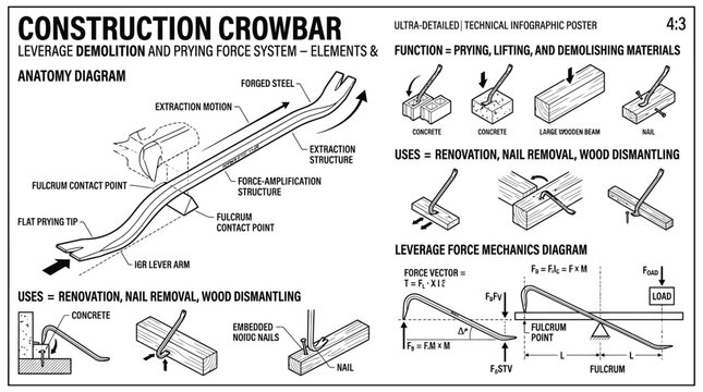 Construction crowbar anatomy and leverage force technical infographic.