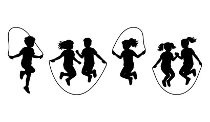 Playful children skipping rope silhouettes isolated on white background for sports and childhood concepts © MDShahinuddin
