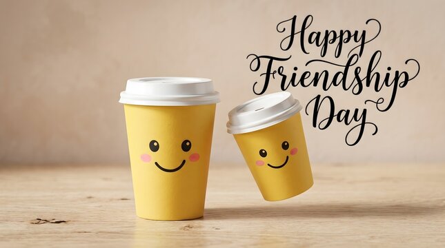 Celebrating international friendship day two smiling coffee cups on wooden table festive greeting