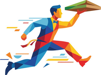Fototapeta premium Running waiter or pizza delivery man carrying box geometric polygonal vector