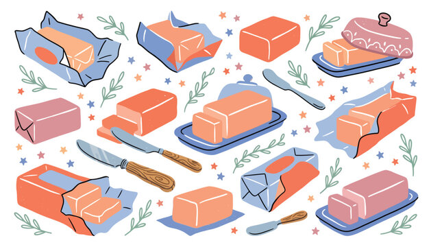 Assorted butter blocks and sticks with knives illustration vector graphic with stars and leaves