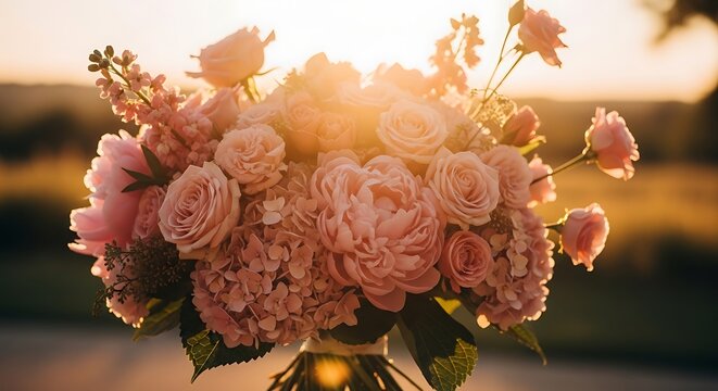 Beautiful bouquet of pink roses and peach and pink flowers on a transparent background