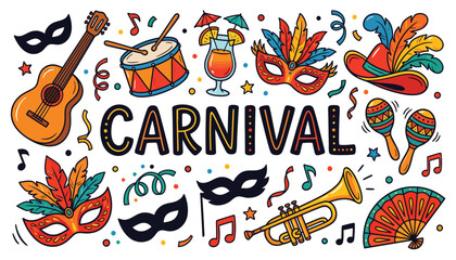 Colorful carnival illustration with musical instruments masks and festive decorations in a hand drawn style © Jamalvect
