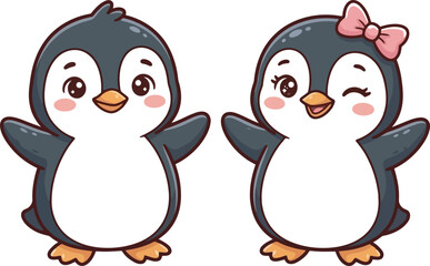 Fototapeta premium Two cute cartoon penguins with pink bow